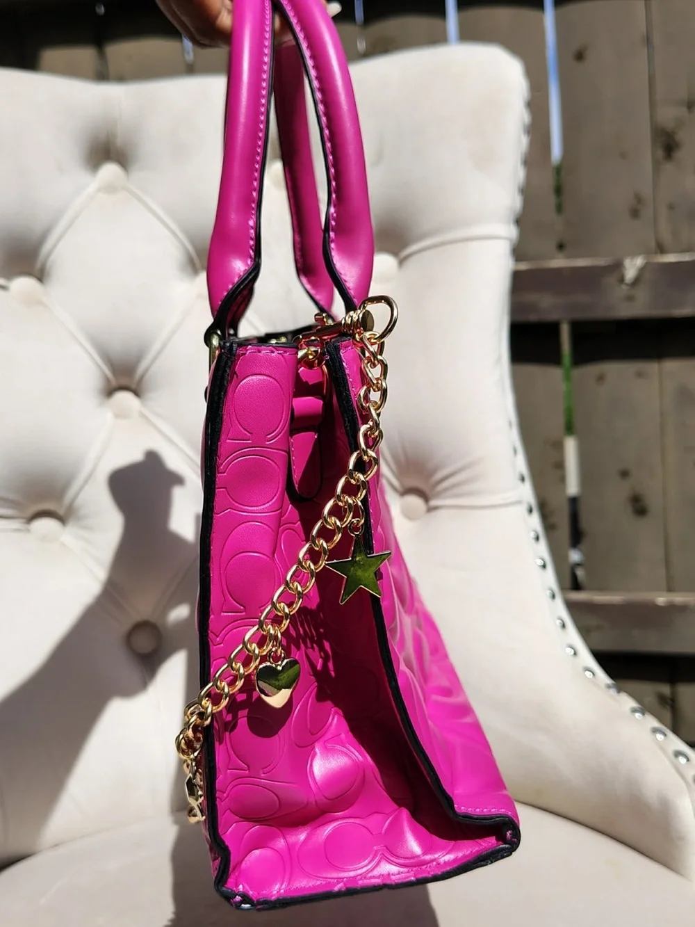 Coach Fuchsia Quilted Leather Satchel with Gold Charm Chain